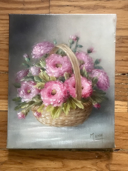 Olieverf op canvas boeket roze zinnia's bloemen