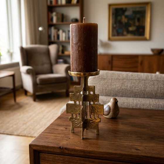 Vintage Brutalist Brass Pricket Candlestick - Mid-Century Modern Geometric Candle Holder (22 cm), Gold (photo 12 of 15)