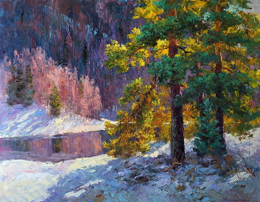 Original Oil Painting Winter Forest Landscape It Snowed in the Mountains – schilderijen tekeningen, Canvas