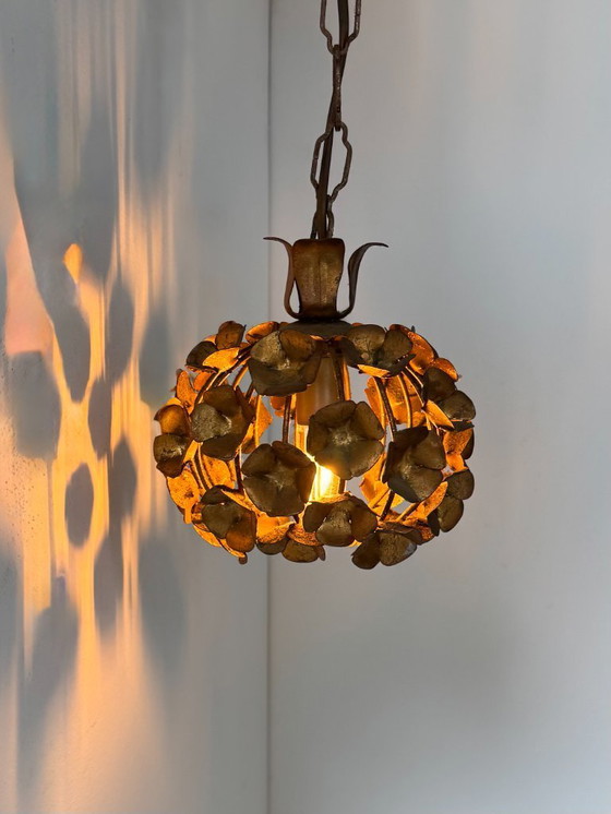 Image 1 of Vintage floral motif pendant light, gilt metal, France, 1970