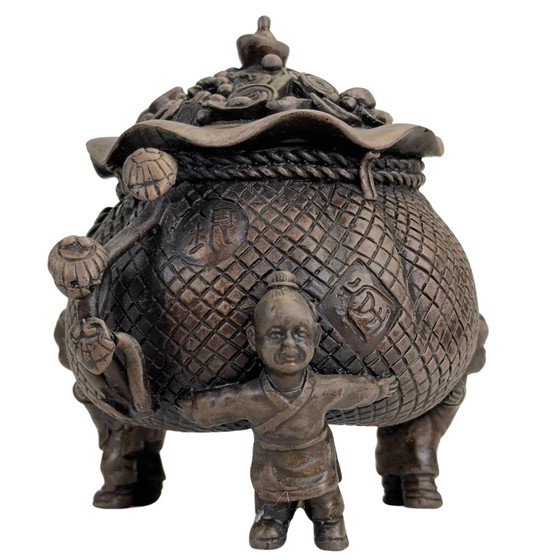 Quemador de Incienso Chino de Bronce con Niños y Símbolos de la Suerte *Olla de la Suerte* (photo 5 of 10)
