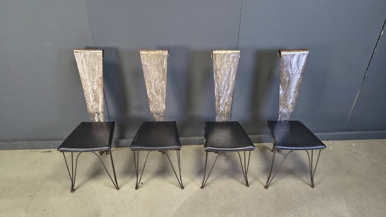 Image 1 of Handgemaakte eethoek van staal en steen, jaren 70 - vintage eethoek - handgemaakte eethoek - postmoderne eettafel en stoelen