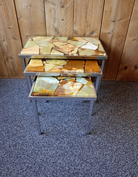 Image 1 of Vintage Onyx Marble nesting tables, Mimiset with Chrome Frame (1960s/1970s)