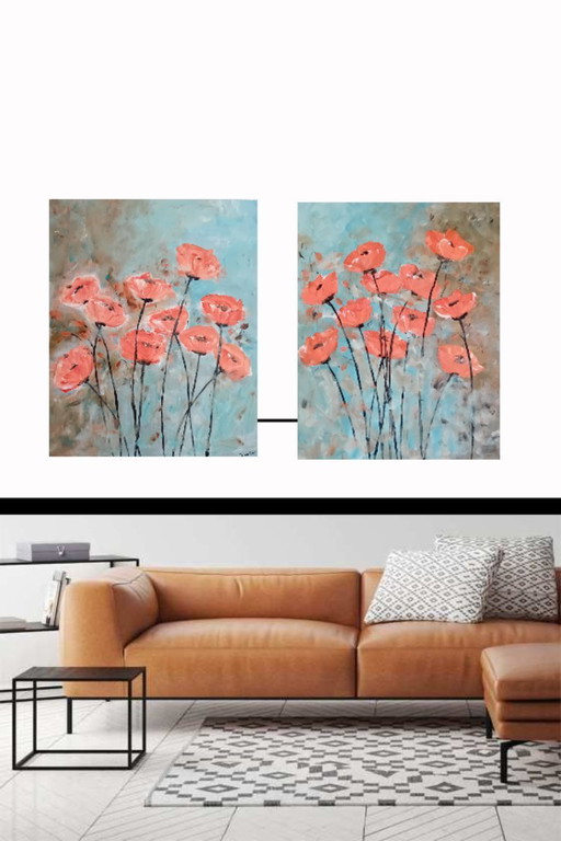 Peintures de fleurs sur 2 panneaux