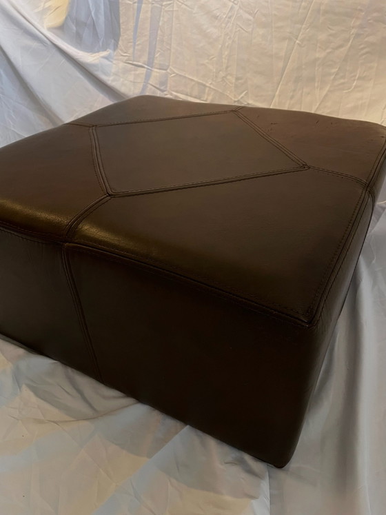 Vintage dark brown leather pouf, geometric stitching, Footstools & poufs (photo 3 of 6)
