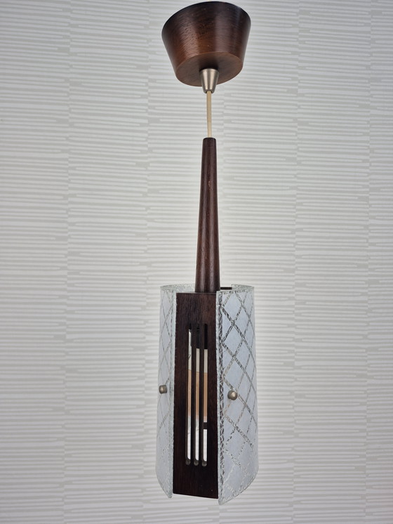 Image 1 of Mid-century pendant lamp in teak and embossed glass. Vintage lamp.