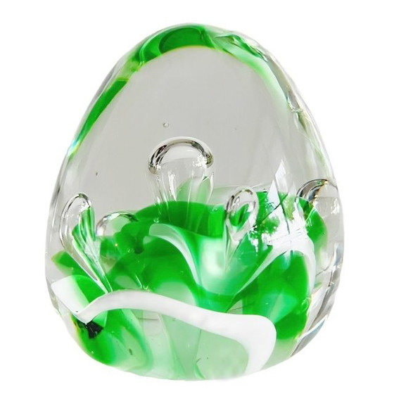 Image 1 of Vintage green and white clear glass paperweight bubbles 1980s