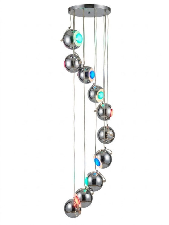 Image 1 of Large XXL Space Age cascade pendant light, 10 chrome globes, Reggiani style – 1970s