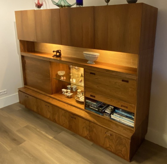 Image 1 of Mid-century wall unit / highboard with lighting, pull-out TV section and bar.