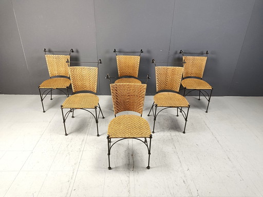 Set Of 6 Wrought Iron And Wicker Bistro Chairs, 1960S 