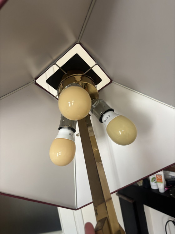 1x Large Brass 'Skyscraper' Table Lamp by Lustrerie Deknudt, 1970s – Lusterie Leknudt, Metal, Textile (photo 5 of 6)