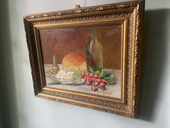 Image 1 of French stillife with brie, radishes and wine