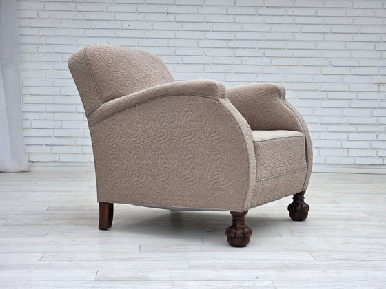 Image 1 of 1950s Danish Art Deco Armchair, Quality Beige Furniture Wool, Oak Wood Legs