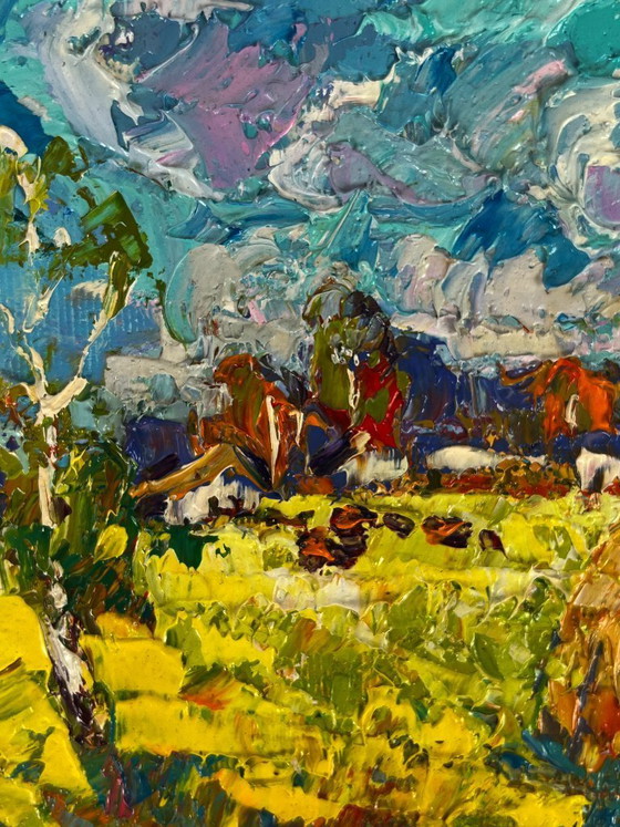 Image 1 of Pintura al óleo original: Paisaje natural de un prado. Ha llegado el principio del otoño.