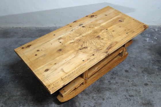 Image 1 of Large carved sled coffee table 19th century folk art, France