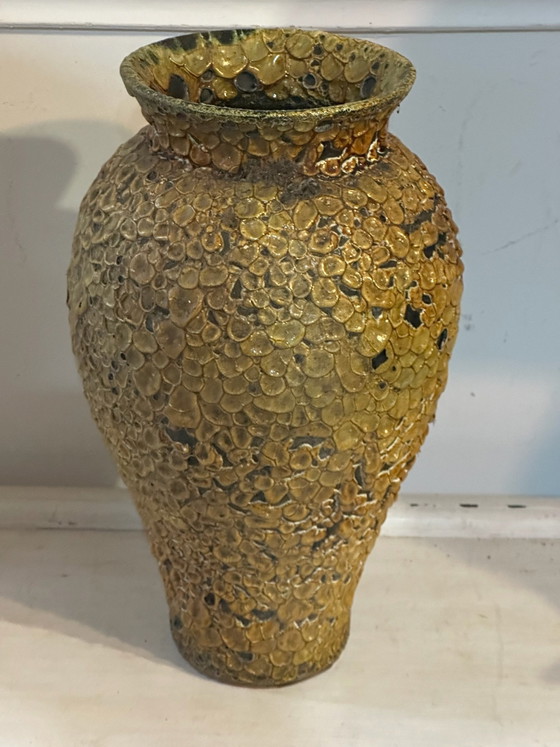 Large textured glazed ceramic vase, 60s/70s - H 40 cm, Yellow (photo 4 of 11)