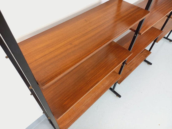 Image 1 of Vintage Italian triple modular bookcase in teak and metal from the 1960s