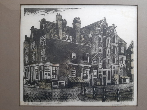 Acquaforte: Ger van Vliet. "Amsterdam Kromboomsloot".