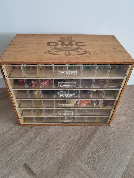Vintage wooden DMC embroidery thread cabinet