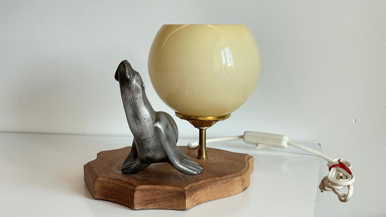 Image 1 of Art Deco Sea Lion Lamp Metal and Blown Glass France