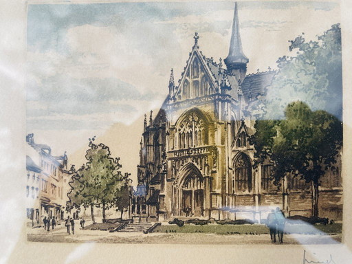 Aquarel van Hervé Lemiez, " Kerk van de Grote Zavel ". XXe eeuw