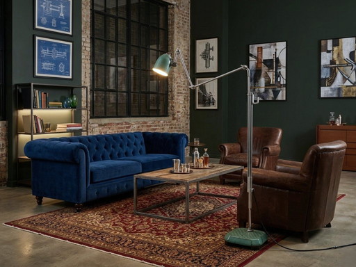 Verstelbare industriële vloerlamp uit de jaren 60, groene hamerslagafwerking