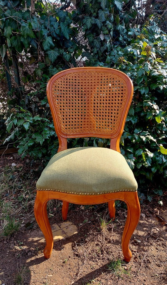Image 1 of Set van 6 vintage stoelen in Franse stijl met rieten rugleuning – gerestaureerd