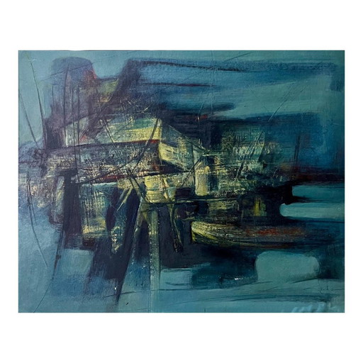 Erwin Mackowiak, Composition abstraite bleue, Huile sur panneau, 1960