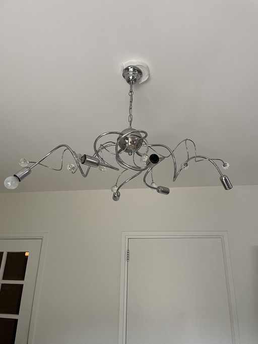 Silver chandelier with 6 light sources and crystal balls
