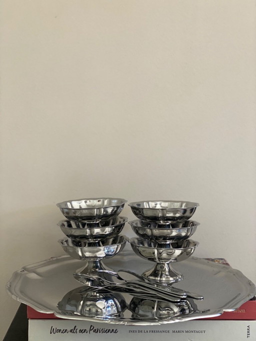 Guy Degrenne Set Of 6 Vintage Butterfly Coupes With Spoons And Tray