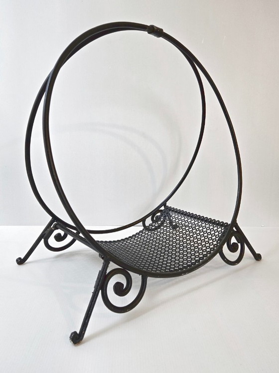 Image 1 of Vintage houtblokhouder uit de jaren 50, metaal en geperforeerd zwart metaal, rockabillystijl uit de jaren 50