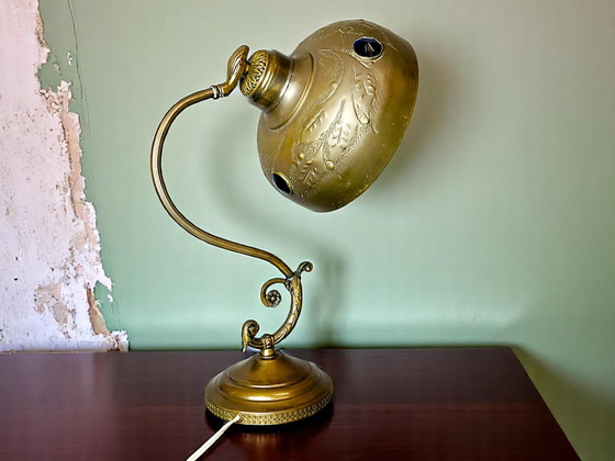 Image 1 of Art Deco Vintage Ornate Brass Table Lamp with Blue Glass Inserts, 1930s