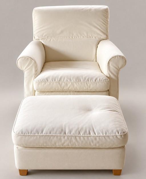 Poltrona Minotti con pouf abbinato – Design italiano, tessuto color crema