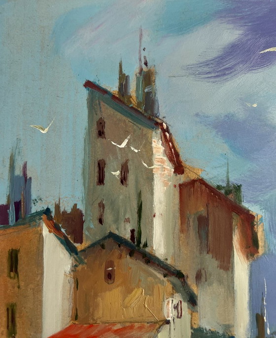Image 1 of Originales Ölgemälde: Sommerliche Stadtlandschaft – Yachten auf den Wasserstraßen von Venedig