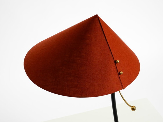 Image 1 of Beautiful, large, original Kalmar Mid-Century Modern tripod brass table lamp with a new fabric shade