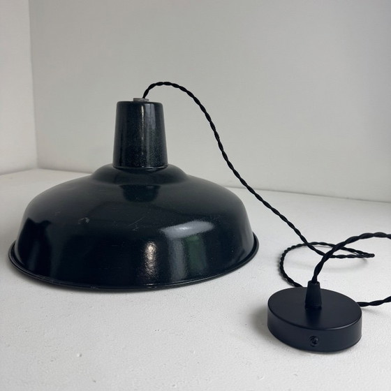Image 1 of PAIR OF ANTIQUE ENAMELED INDUSTRIAL WORKSHOP PENDANTS
