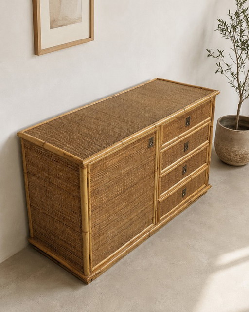 Vintage dressoir van rotan en bamboe, Italië, circa 1970