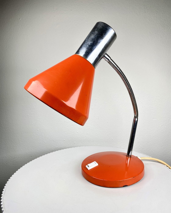 Image 1 of Vintage Orange Desk Lamp 1970s Design - Small Retro Tabletop Gooseneck Lamp