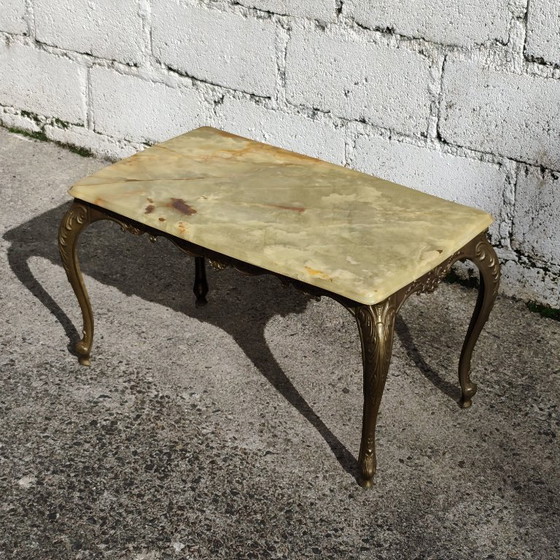 French Vintage Coffee Table with Onyx Top and Ornate Metal Legs, Stone, Green (photo 5 of 14)