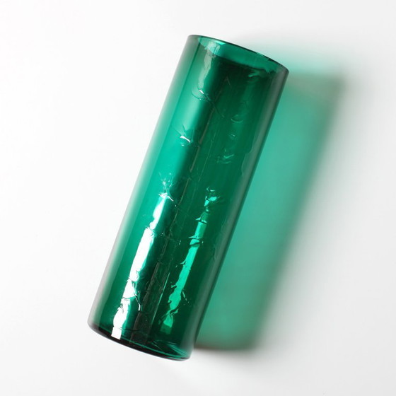 Image 1 of Green Mid-century Glass Vase Ek with Plant Pattern / Björkshults Glasbruk / Sweden / 1970s