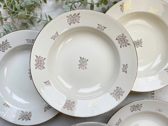 6 Vintage Digoin & Sarreguemines France 1950 Porseleinen Diepe Borden met Kleine Gouden Bloemen – Servies (photo 2 of 14)