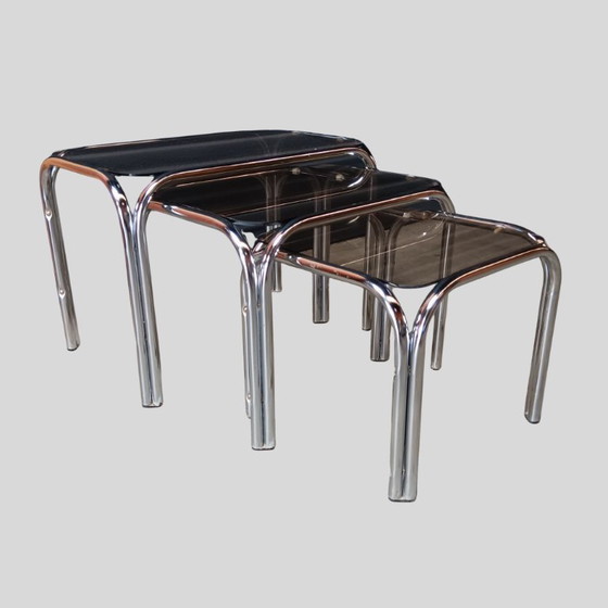 Image 1 of Vintage nesting tables in chrome and smoked glass - Italy 1970s
