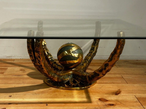 Brutalist Coffee Table "Octo" Henri Fernandez 1970 – salontafels, Bronze, Glass
