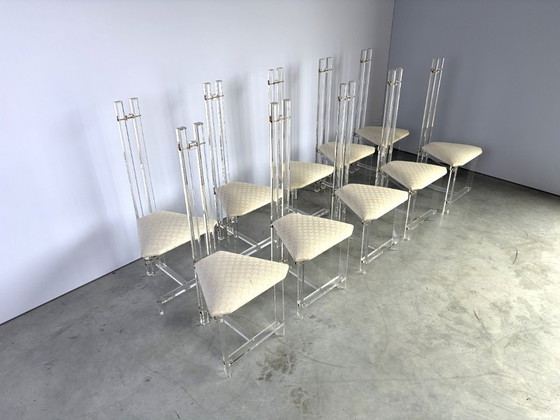 Sedie da pranzo in ottone e lucite, set di 10 - anni '70 – Plexiglass, Textile (photo 13 of 17)