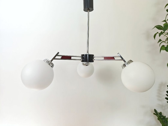 Image 1 of Vintage Chandelier with Opal Glass Globes / Mid Century Modern 3-Arm Pendant Light / Chrome Retro Ceiling Lamp 1960s