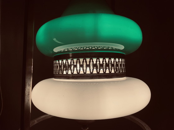 Image 1 of Portuguese Mid Century Modern Green Opaline Milk Glass Chandelier for High Ceilings, 1940s-50s