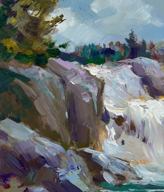 Image 1 of Original Oil Painting Coastal Rock Landscape Mountain waterfall