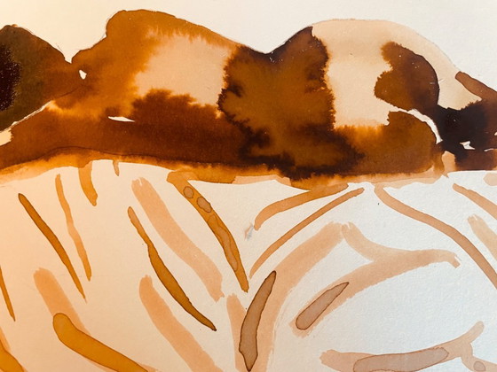 Image 1 of Aquarelle monochrome couleur tabac portrait féminin « sieste au Kenya »