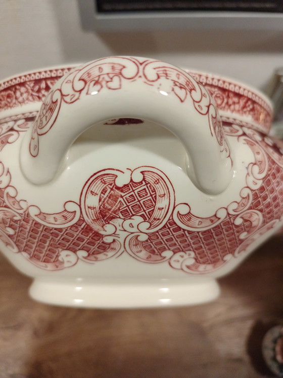 Image 1 of Antieke soepterrine, Old England, Cambridge Royal Swan / Engeland – Rood en wit – Vintage servies