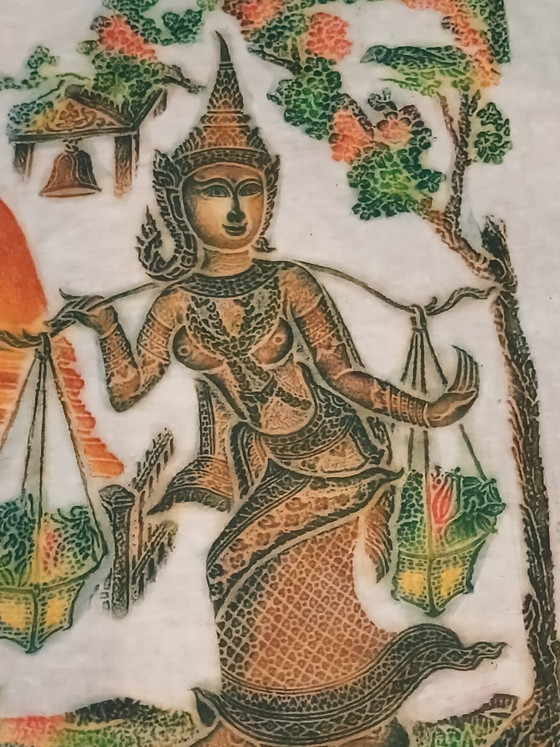 Old large polychrome Thai temple art rubbing on mulberry paper, Art Prints, Wood, Multi Color (photo 14 of 15)